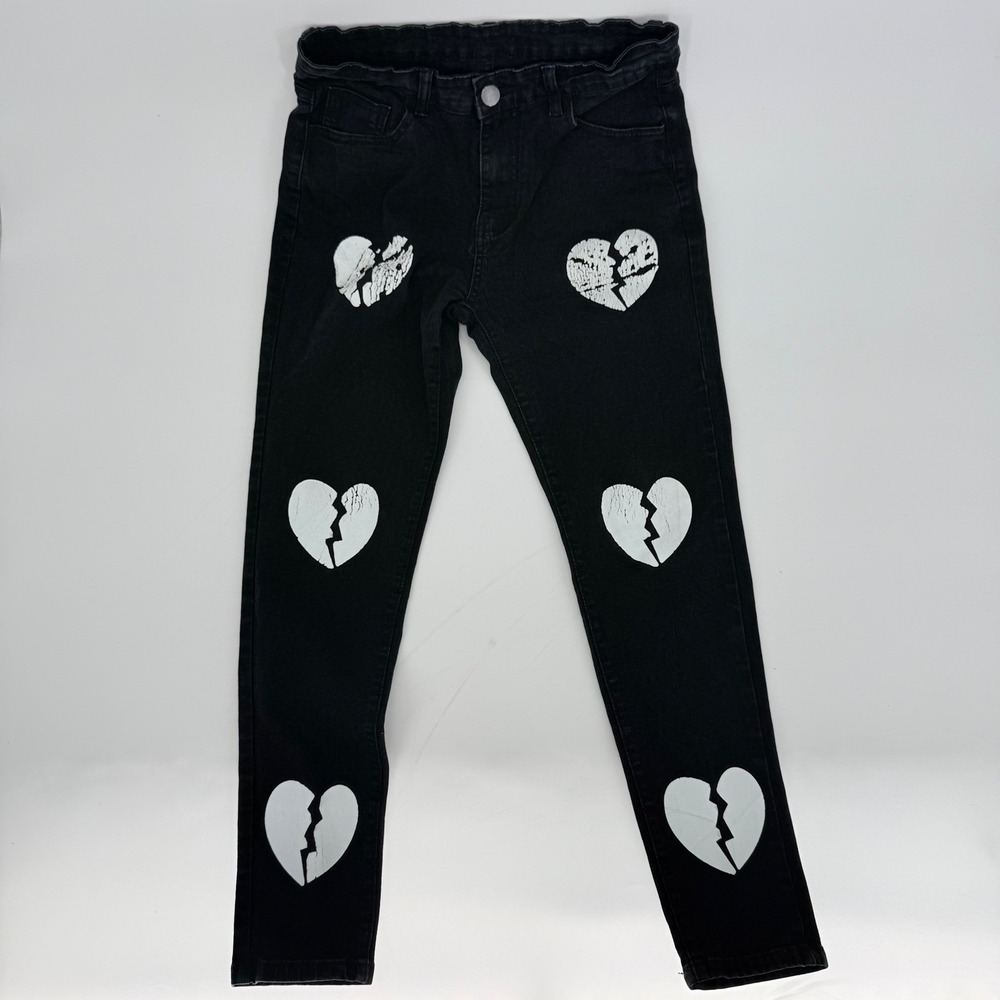 Black‎ Broken Heart Denim Grunge Tumblr Jeans Streetwear Distressed Print 28x28